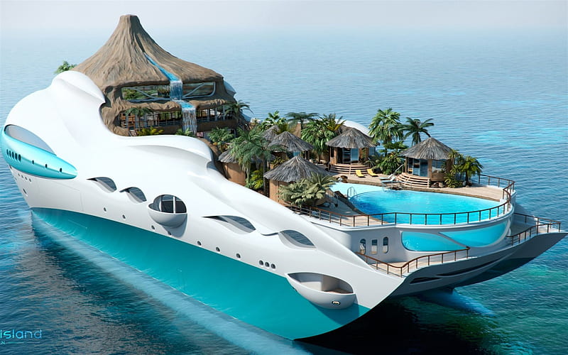 Future ships, luxury yacht, tropical island yacht, 3d yacht sea, HD wallpaper