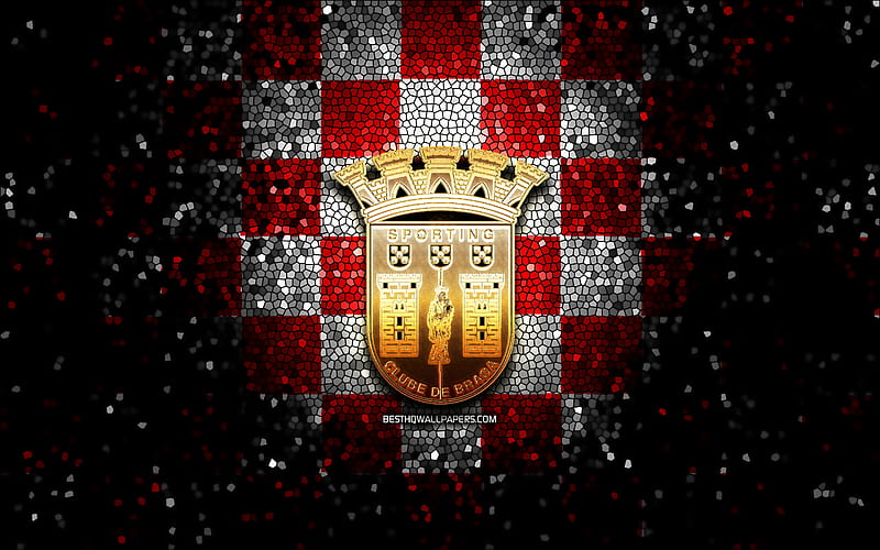 Braga FC, glitter logo, Primeira Liga, red white checkered background, soccer, portuguese football club, Braga logo, mosaic art, football, SC Braga, HD wallpaper