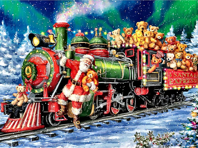 Teddy Bear Train F1, locomotive, December, bonito, illustration, artwork, teddy bears, train, painting, wide screen, art, railroad, holiday, Santa, winter, engine, snow, occasion, tracks, HD wallpaper