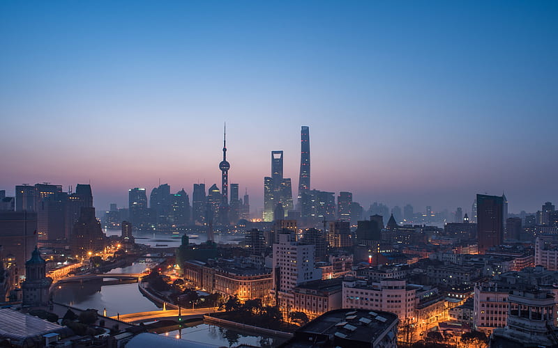 Shanghai, China, evening, sunset, skyscrapers, modern city, metropolis, HD wallpaper