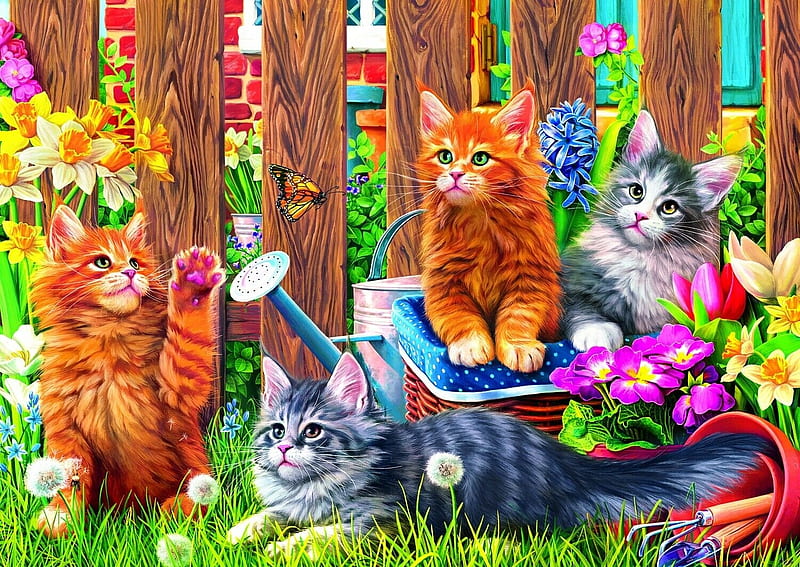 Kittens, art, fence, frumusete, orange, paw, cat, flower, garden, painting, pink, kitten, pisici, pictura, blue, HD wallpaper