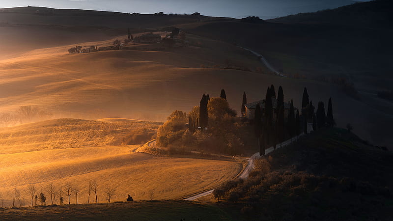 graphy, Tuscany, Dawn, Field, Hill, House, Italy, Road, HD wallpaper