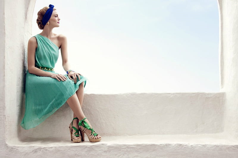 Model in Green, brunette, dress, window, model, high heels, HD wallpaper