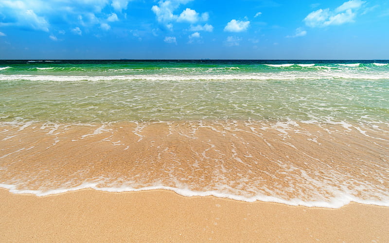 sea, summer, beach, sea surf, blue clear sky, waves, sand, HD wallpaper