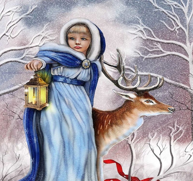 ~The Reindeer Fillet Teetle~, dress, holidays, lantern, bonito, digital art, woman, seasons, xmas and new year, deer, greetings, fantasy, manipulation, people, reindeer, lovely, model, christmas, winter, dry trees, girl, snow, weird things people wear, HD wallpaper