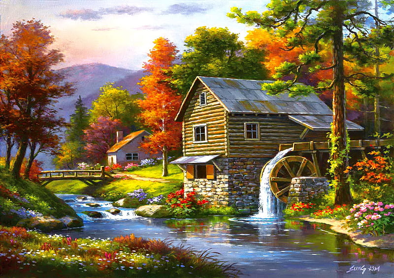 Old Sutter's mill, pretty, art, lovely, mill, bonito, creek, trees, old, countryside, painting, flowers, peaceful, village, HD wallpaper
