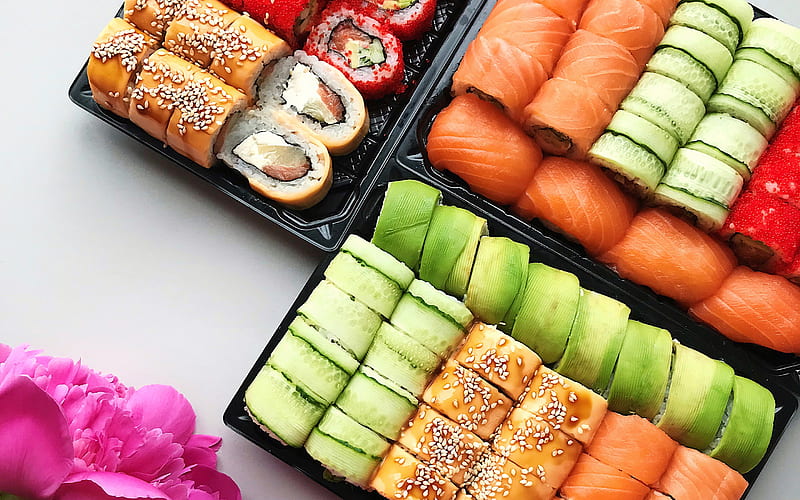 sushi set, rolls with salmon, gunkan, nagiri, uramaki, sushi, asian food, bokeh, fastfood, HD wallpaper
