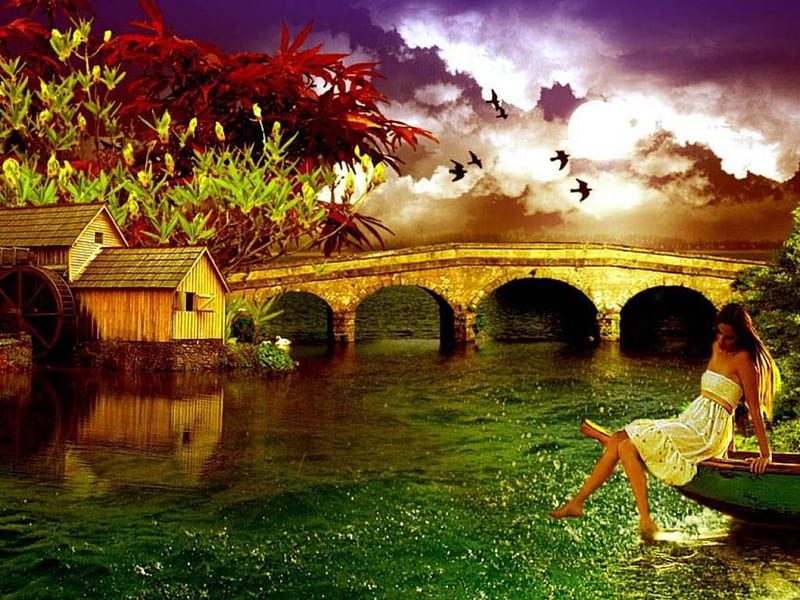 Summer's Eve, waterwheel, bridge, summer, birds, river, canoe, evening, lady, HD wallpaper
