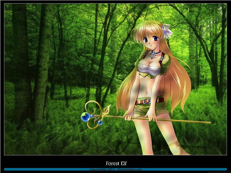 Forest Elf, staff, forest, hair, green, anime, elf, woods, blonde, HD wallpaper