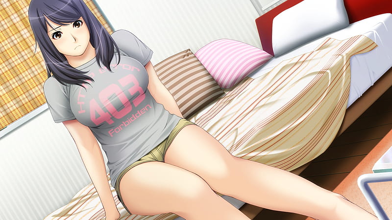 waking up, shirt, red, pillow, yanagawa, tagme, sexy, bed, cute, girl, anime, misaki, blue, HD wallpaper
