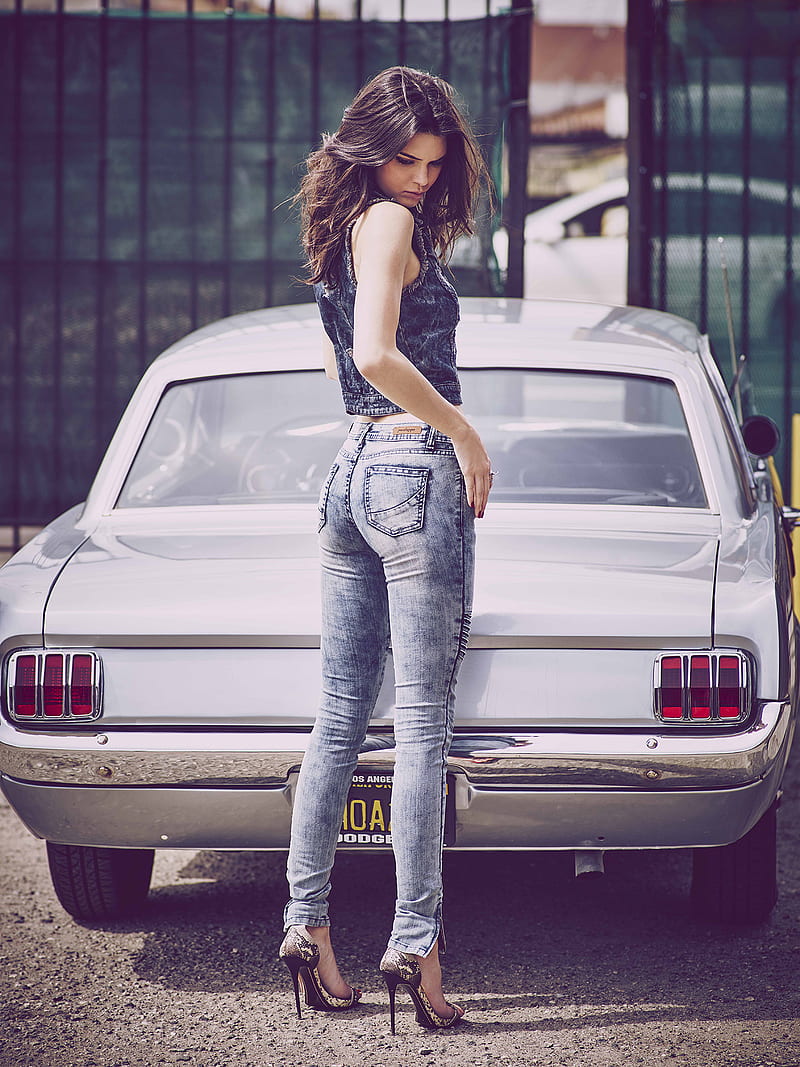 Kendall Jenner, women, brunette, model, standing, long hair, vehicle, heels, jeans, HD phone wallpaper