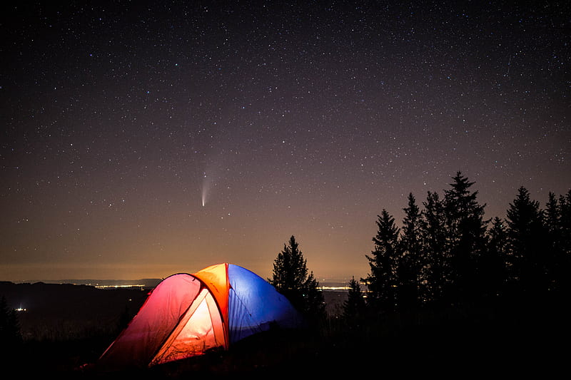 tent, camping, mountains, nature, night, starry sky, HD wallpaper