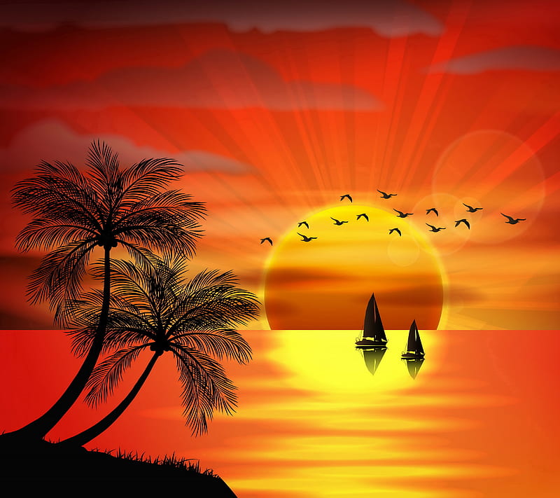 Beautiful Sunset, island, palms, paradise, sea, silhouette, tropical, HD wallpaper