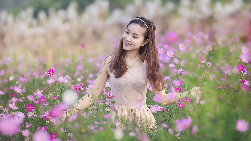 Lovely Girl, flowers, model, woman, Asian, HD wallpaper