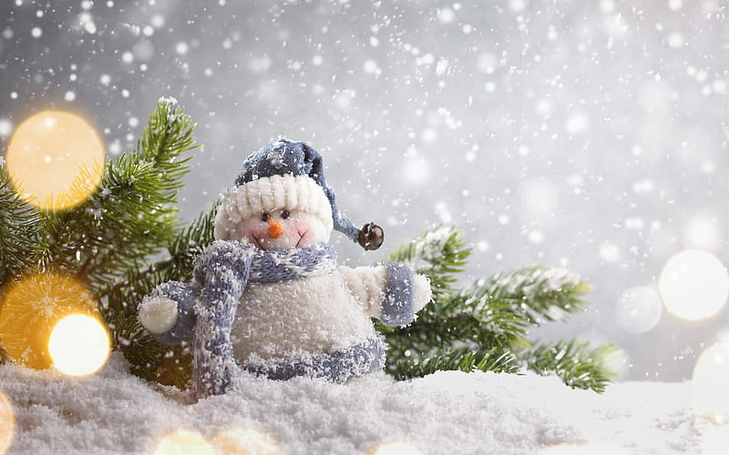 snowman, Christmas, snow, winter, 2018 New Year, Christmas tree, HD wallpaper