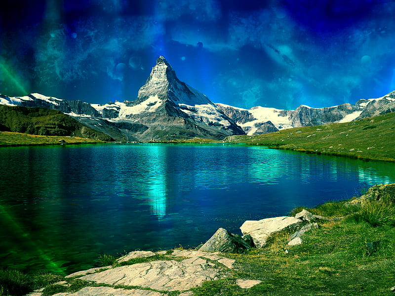 Matterhorn, fantasy, lakes, green, mountains, abstract, blue, HD wallpaper