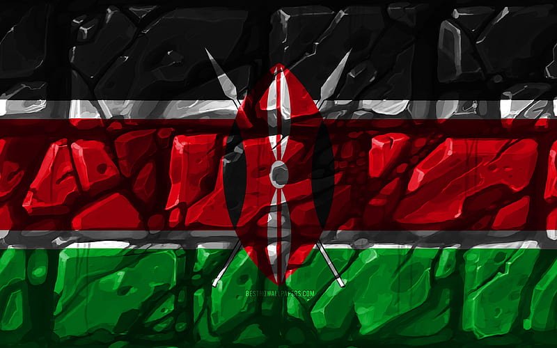 Kenyan flag, brickwall African countries, national symbols, Flag of Kenya, creative, Kenya, Africa, Kenya 3D flag, HD wallpaper