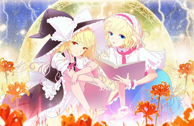 Alice Marisa, pretty, book, magic, sweet, floral, excellent, nice, marisa, anime, touhou, beauty, anime girl, chatting, kirisame marisa, lovely, gown, blonde, sit, talk, maiden, dress, glow, blond, read, bonito, talking, elegant, blossom, us, gorgeous, female, alice, spendid, alice margatroid, blonde hair, blond hair, chat, girl, flower, petals, lady, HD wallpaper