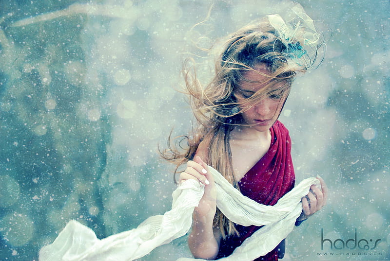 gone with the snow, red dress, snow, wind, soft, white, snowy, winter, HD wallpaper