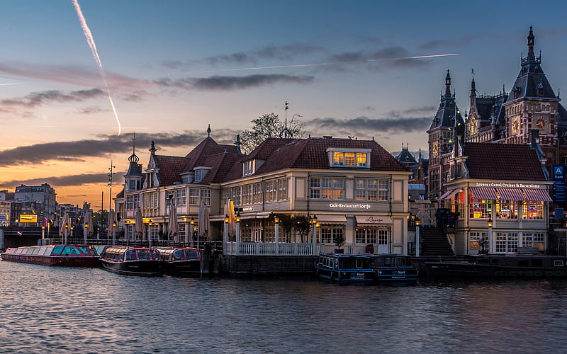 Amsterdam, evening, sunset, quay, boats, lights, canal, Netherlands, Holland, HD wallpaper