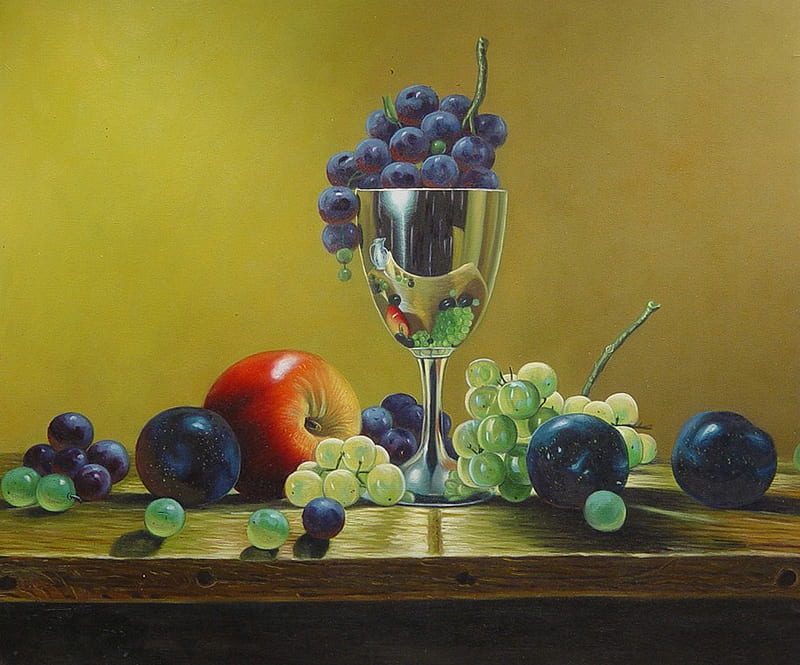 Grapes And Fruits, apple, table, silver, grapes, still life, plum, green, goblet, wood, blue, HD wallpaper