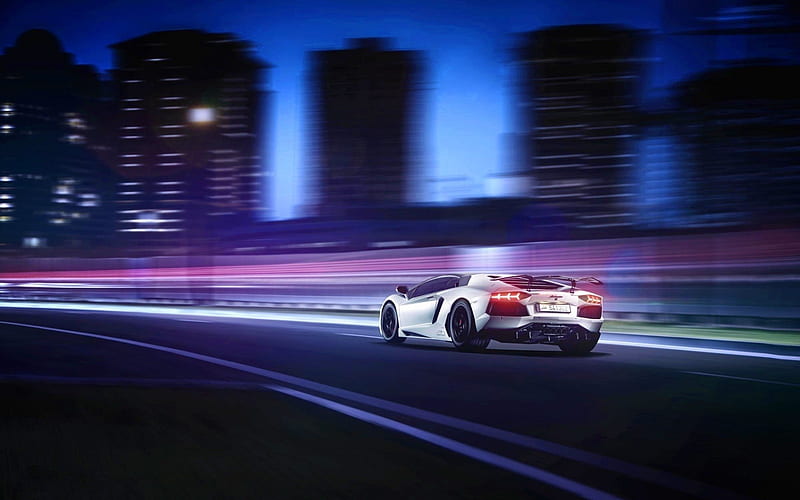Lamborghini Aventador, night, 2017 cars, motion blur, supercars, white Aventador, Lamborghini, HD wallpaper
