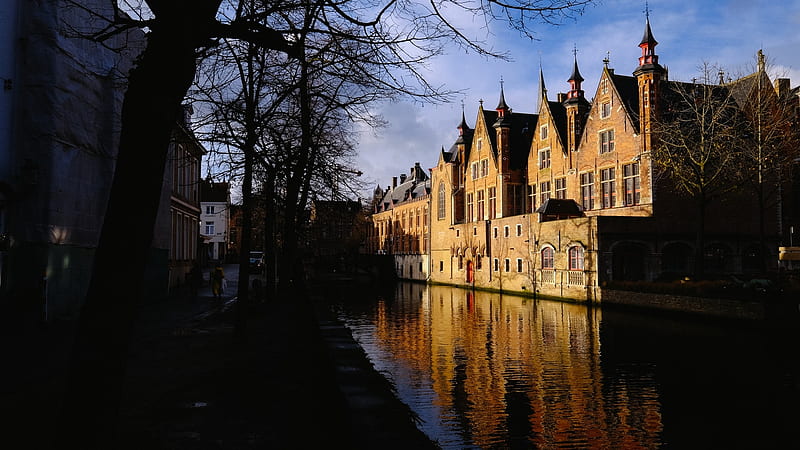 Old houses, Europe, Sun, Belgium, Houses, Canal, HD wallpaper