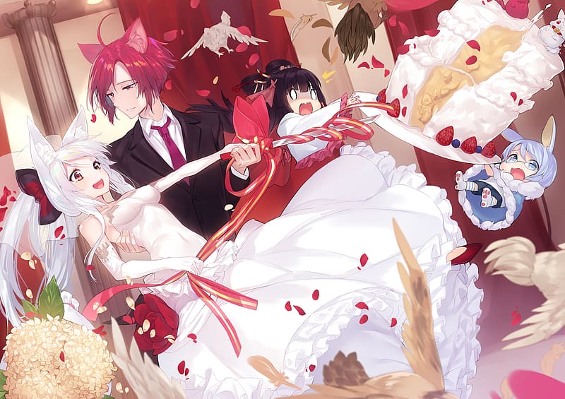 Anime, Wedding, Cake, Groom, Bride, Original, Pink Hair, White Hair, Animal Ears, HD wallpaper
