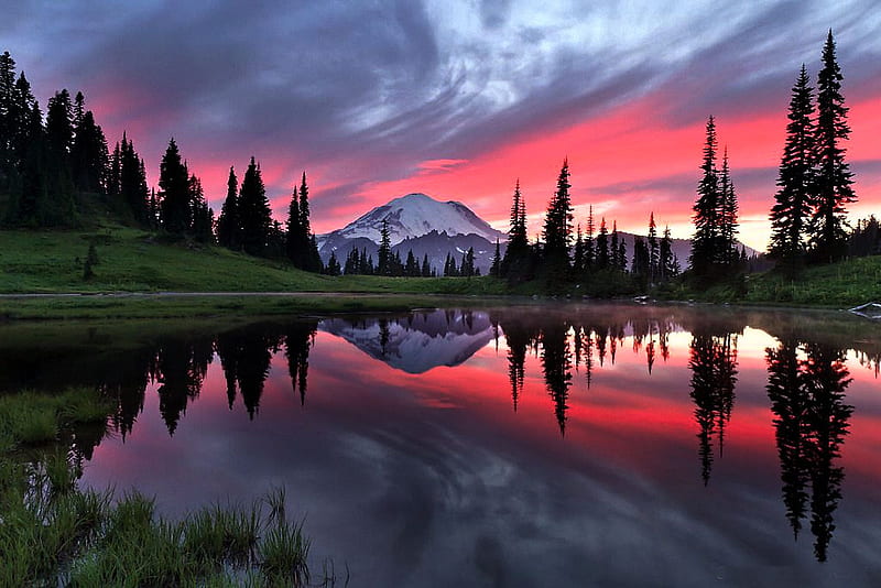 Upper Tipsoo Lake, Mount Rainier, Washington, colors, mountain, sky, reflections, trees, HD wallpaper