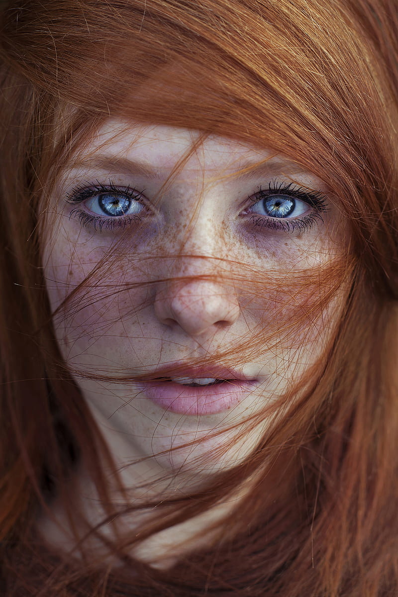 women, redhead, blue eyes, long hair, looking at viewer, open mouth, teeth, freckles, HD phone wallpaper