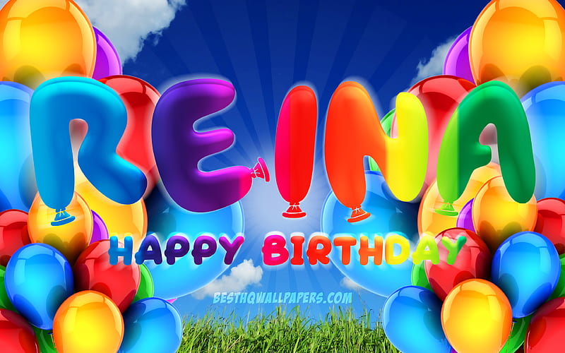 Reina Happy Birtay cloudy sky background, female names, Birtay Party, colorful ballons, Reina name, Happy Birtay Reina, Birtay concept, Reina Birtay, Reina, HD wallpaper