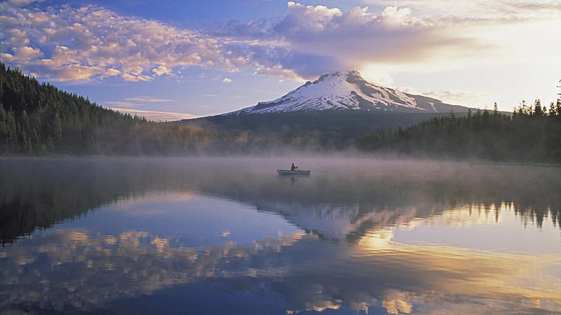 fishing on trillium lake oregon in the morning, mountain, boat, morning, lake, fisherman, mist, HD wallpaper