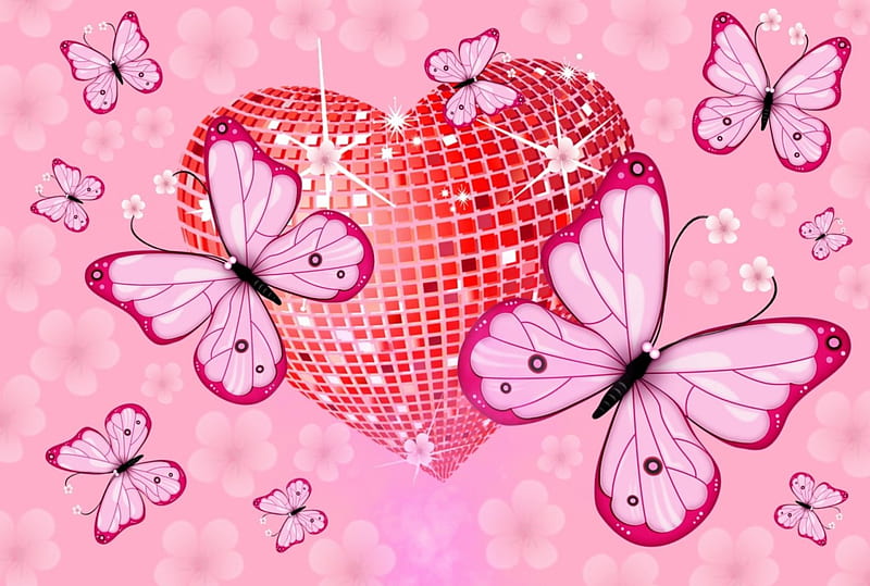 ~Heart~, butterflies, butterflie, pink, heart, HD wallpaper