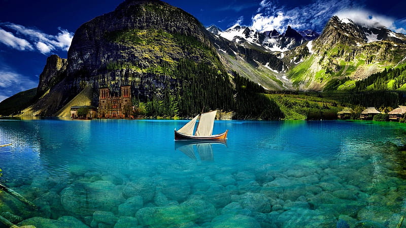 Boat on Crystal Clear Lake, lake, mountain, water, boat, clear, nature, crystal, HD wallpaper