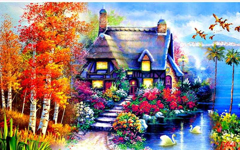 Cottage near the lake, art, autumn, house, painting, tress, HD wallpaper