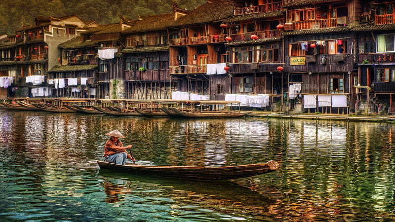 boating down the river in feng huang china r, river, r, boat, town, HD wallpaper