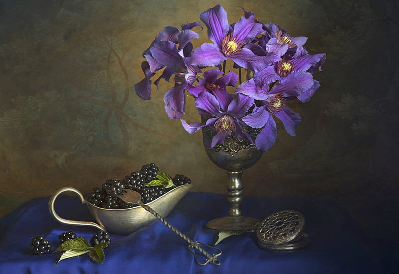 Still life, vara, purple, clematis, summer, vase, flower, HD wallpaper