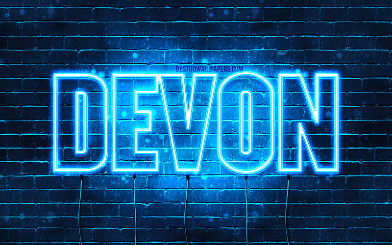 Devon with names, horizontal text, Devon name, blue neon lights, with Devon name, HD wallpaper
