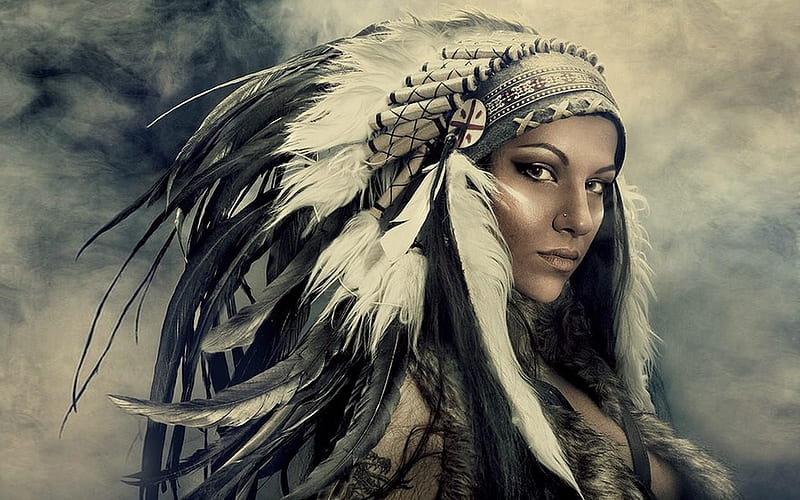 Beautiful Native Woman, pretty, lovely, Native indian, bonito, woman, stately, headdress, feather, face, HD wallpaper