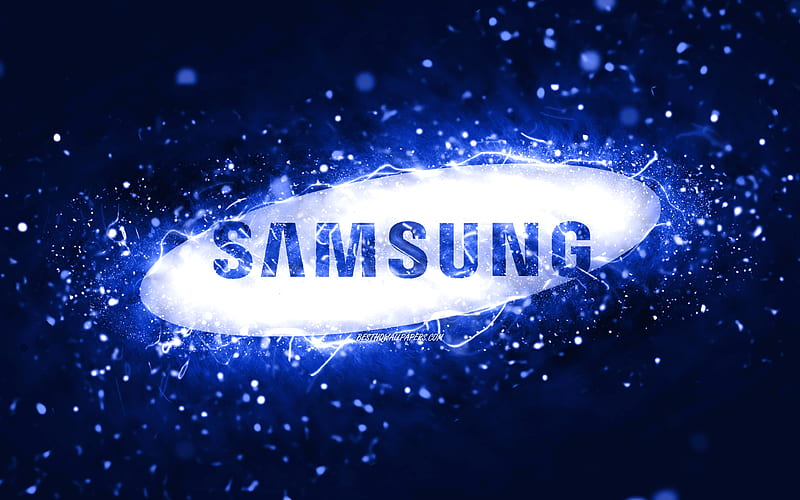 Samsung dark blue logo dark blue neon lights, creative, dark blue abstract background, Samsung logo, brands, Samsung, HD wallpaper