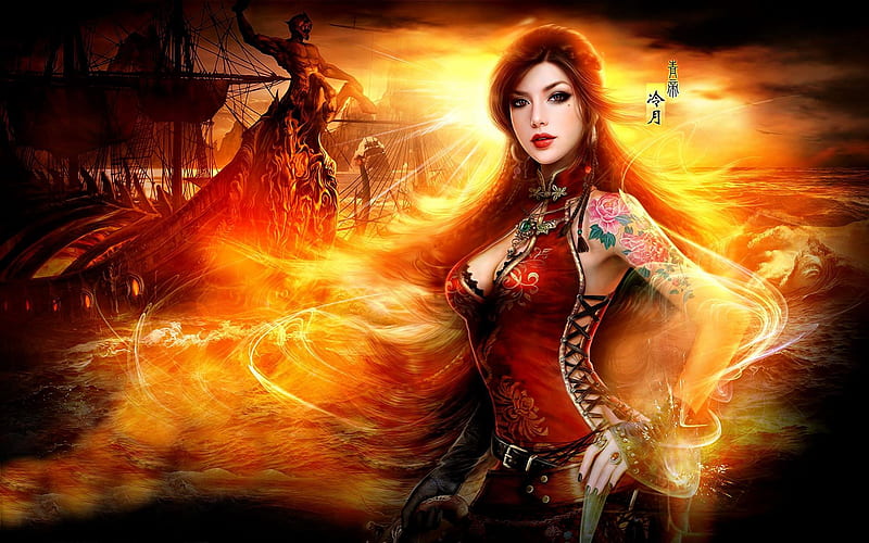 Vixen in Red Silk, Red, Fantasy, Fire, Oriental, Water, galleon, Silk, Lady, ship, Pirates, Asian, HD wallpaper