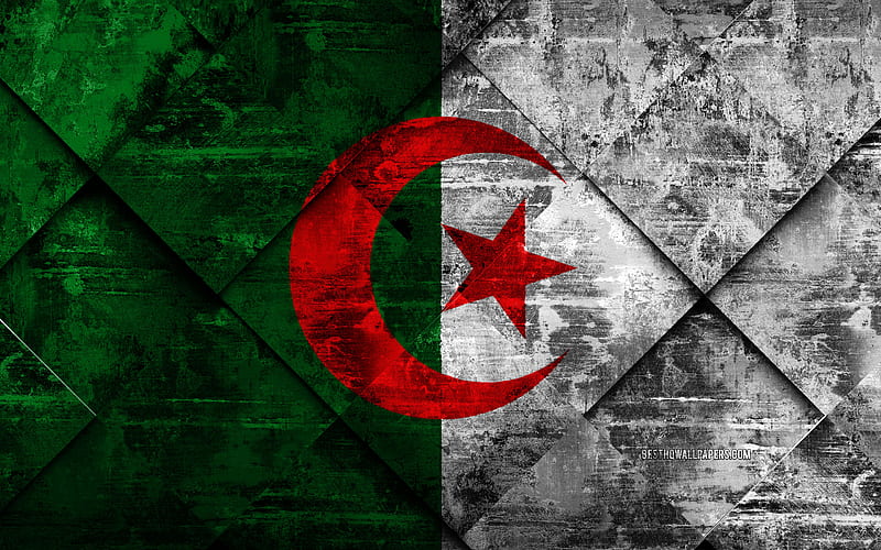 Flag of Algeria grunge art, rhombus grunge texture, Algeria flag, Africa, national symbols, Algeria, creative art, HD wallpaper