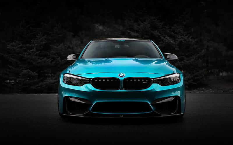 BMW M3, 2018, F80, front view, tuning, M Package, bright blue M3, German sports cars, BMW, HD wallpaper