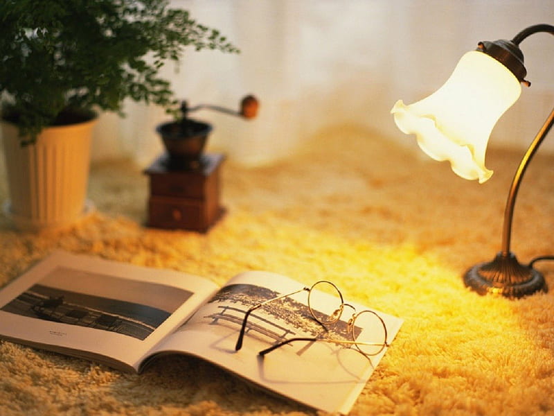 Book, glass, read, lamp, HD wallpaper