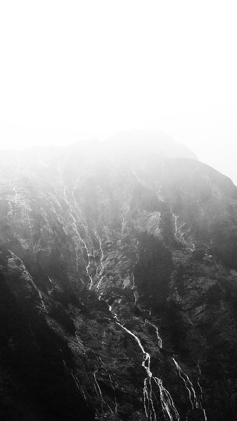 Milford Sound 5, Alastair, Milford, adventure, b&w, black, black and white, calm, cliff, forest, landscape, milford sound, mountain, nature, new zealand, outdoors, peaceful, graph, graphy, rain, waterfall, white, HD phone wallpaper