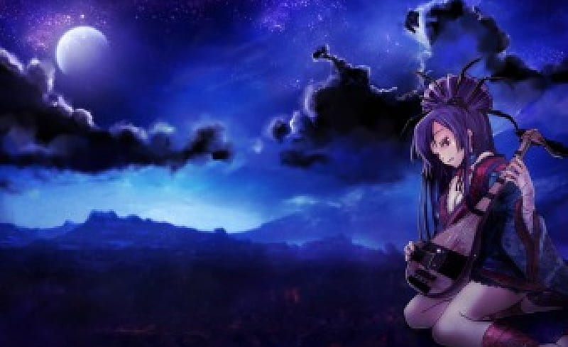 Under the moonlight, cloud, autumn, halloween, music, manga, black, sky, instrument, song, girl, purple, anime, moonlight, pink, blue, night, HD wallpaper