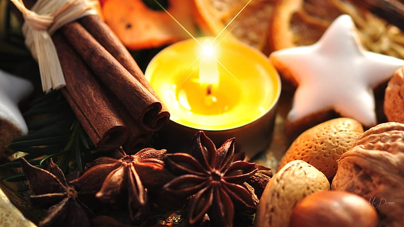 Spice Up the Holidays, nuts, candle, walnuts, cookies, spice, cinnamon, light, HD wallpaper