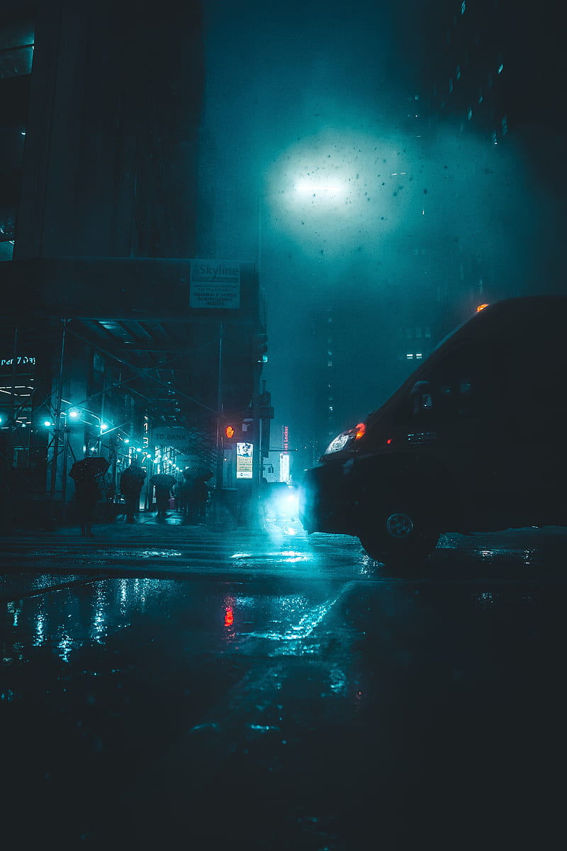 night, street, urban, car, people, turquoise, cyan, dark, HD phone wallpaper