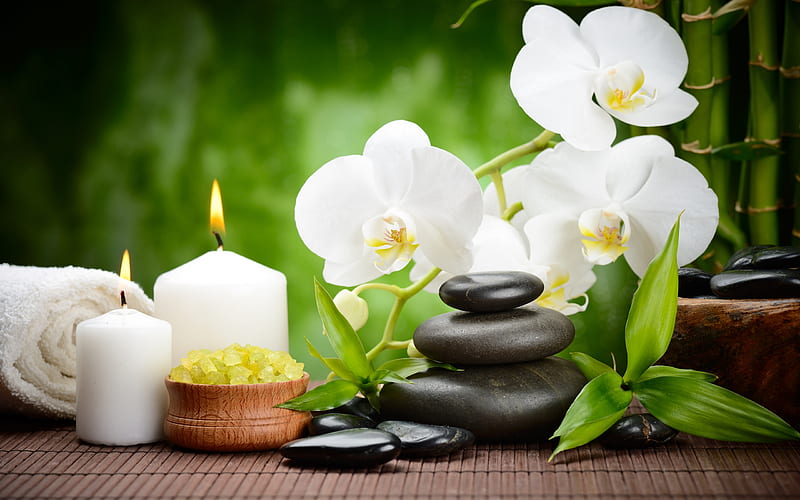 Spa Candles, flowers, lovely, nice, relaxing, stones, things, white, HD wallpaper