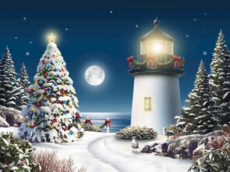 ENDLESS NIGHT, stars, christmas, ocean, sky, clouds, lighthouse, moon, snow, night, HD wallpaper